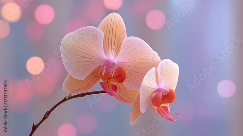 Delicate Pink Orchid Blooms with Soft Petals Against a Dreamy Blurred Background of Colorful Bokeh Lights