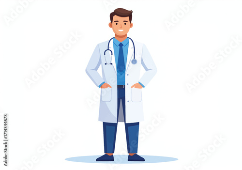 A professional doctor stands confidently in a clean, bright medical environment. They wear a crisp white lab coat, a stethoscope draped around their neck, and a gentle yet focused expression