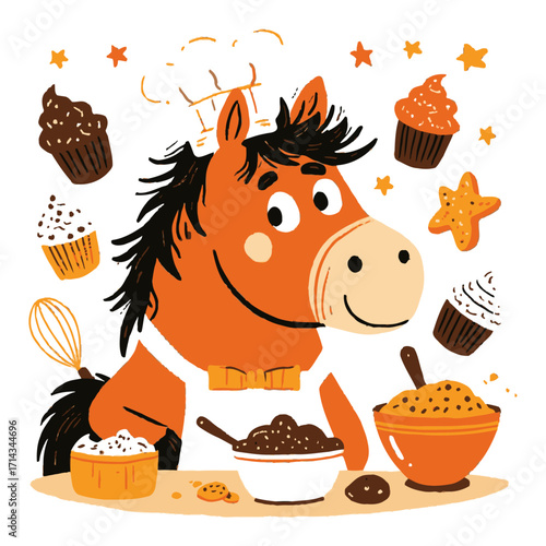 Cheerful Cartoon Horse Chef Surrounded by Sweet Treats and Desserts
