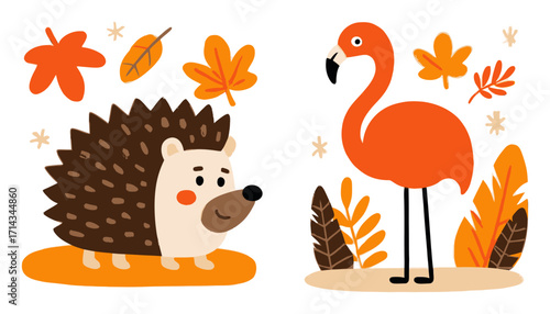 Cute Cartoon Hedgehog and Flamingo with Autumn Leaves in Vector Style