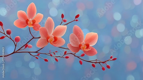 Beautiful Pink Orchid Flowers with Soft Blue Background and Bokeh Effect for Tranquil Nature Design