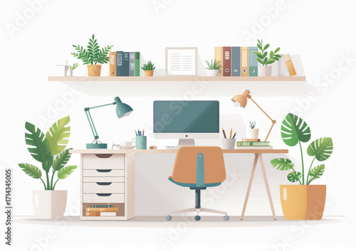 ChatGPT said:

A cozy home office illustration could show a bright, modern workspace with a clean wooden desk positioned near a sunlit window. On the desk. 