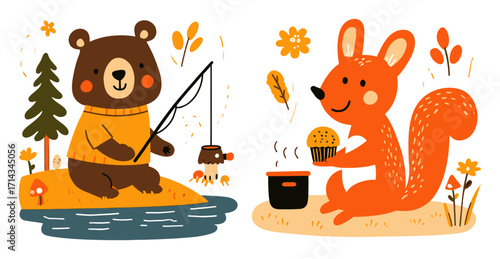 Cute Cartoon Bear and Squirrel Enjoying Autumn Outdoors in Vector Style