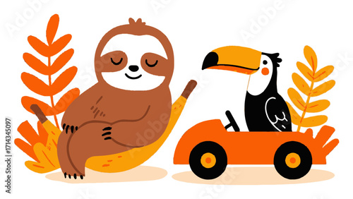 Relaxed Sloth and Cheerful Toucan in a Colorful Tropical Landscape