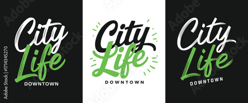 Urban City Life Downtown typography graphic with bold script lettering for modern streetwear and apparel design