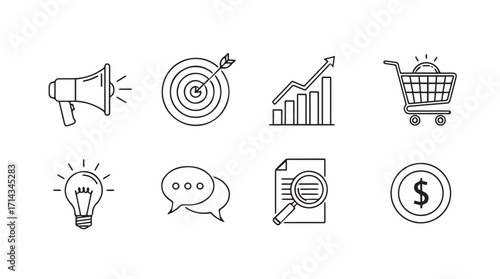 Collection of business and marketing icons in a hand drawn silhouette style