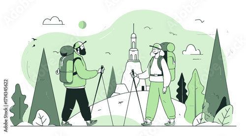 Happy Hikers with Backpacks Trekking in Nature Landscape Illustration