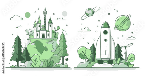 Fantasy Castle and Rocket Illustration in Green Tones for Adventure Themes