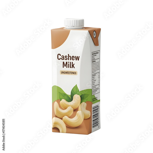 Unsweetened Cashew Milk carton with cashews and leaves isolated PNG with Transparent Background
