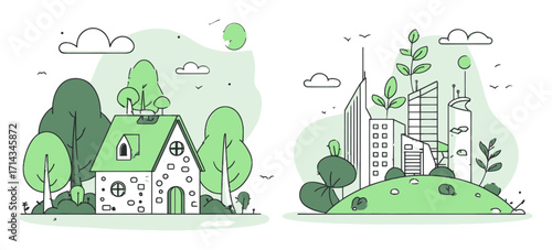 Green Contrast Between Nature and Urban Landscape in Cartoon Style Illustration
