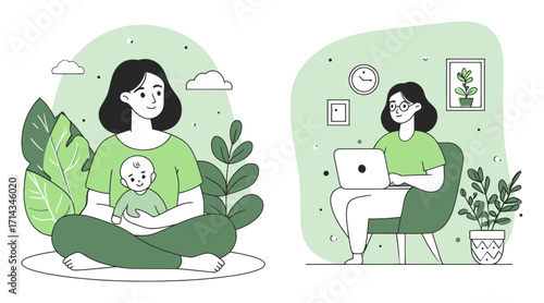 Comfortable and Relaxing Home Environment with Mother and Child Illustration
