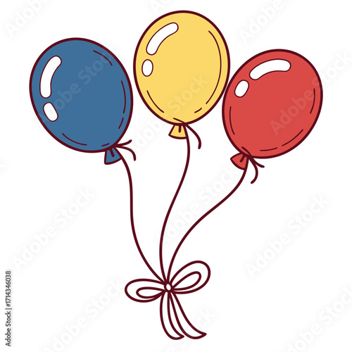 Three colorful balloons—blue, yellow, and red—are tied together with a neat bow at the bottom.