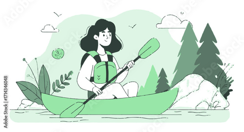 Girl Kayaking in Nature with Canoe Illustration in Cartoon Style