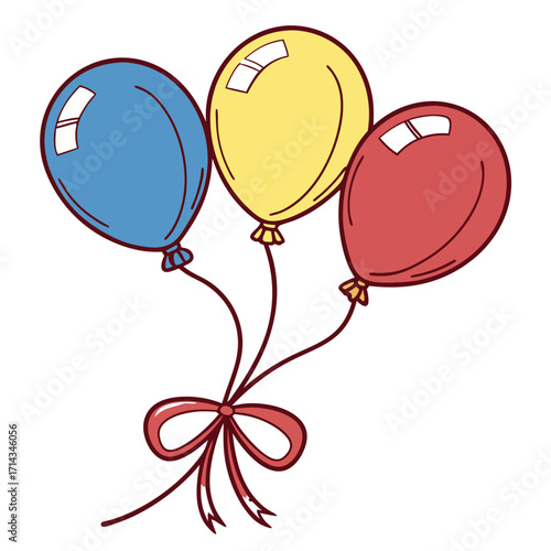 Three shiny balloons blue, yellow, and red outlined in dark red, with matching strings tied in a neat bow; clean, festive design.