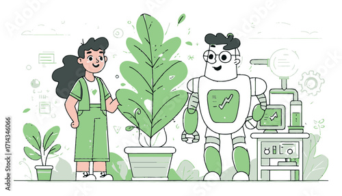 Cute Cartoon Robot and Girl with Houseplants in Vector Illustration