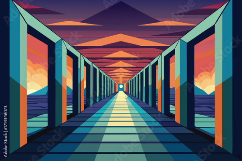 Abstract 3D tunnel with colorful lines in a long, empty hallway