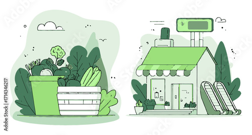 Fresh Produce Market with Green Cart and Storefront Illustration