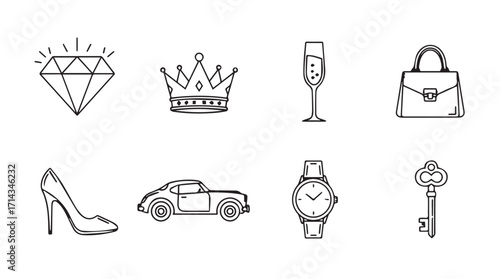 Collection of luxury lifestyle icons including a diamond crown champagne glass handbag high heel shoe car watch and key silhouette
