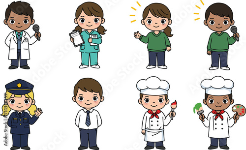 Cartoon children in professional uniforms, doctor, nurse, police officer, chef, artist, teacher, career diversity, kids job illustration, educational occupations