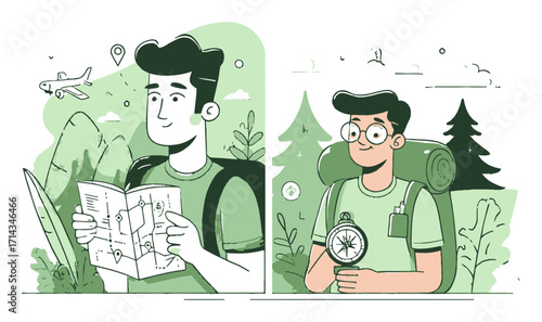 Young Adventurer with Map and Compass in Cartoon Style Vector Illustration