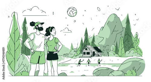 Cartoon Style Illustration of Outdoor Volleyball Players in Nature Scene