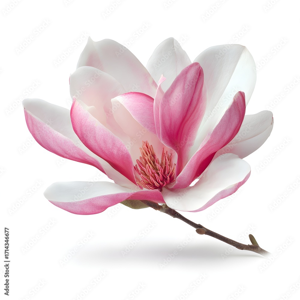 Fototapeta premium Delicate pink and white magnolia flower blooming with soft petals and a detailed center against a clean white backdrop for natural beauty and springtime themes