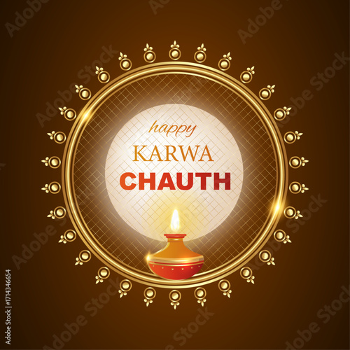 happy karwa chauth Indian festival  with full moon and diya lamp, gold decorative banner mandala, vector illustration card background