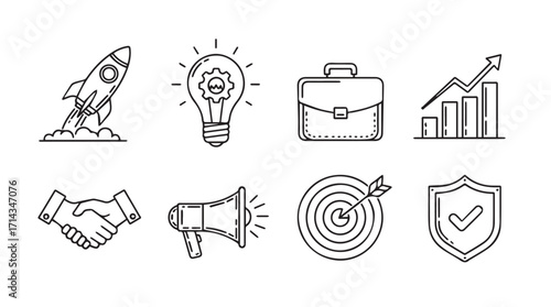Collection of hand drawn business concept icons in a sketch silhouette style