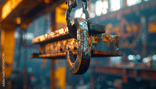 Industrial Hook and Metal: A macro shot highlights an industrial hook suspended from a weathered beam, showcasing raw metal textures and elements of a factory setting, conveying strength and function.