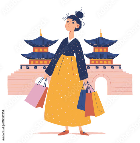 Stylish Shopper with Colorful Bags Surrounded by Autumn Leaves and Shops
