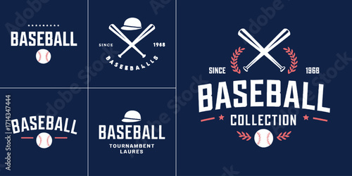 Vintage baseball emblem set with bats ball helmet laurel wreath retro typography sports badge collection for apparel print and t shirt design