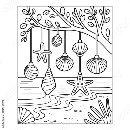 Seashell and Starfish Hanging Ornaments Coloring Page
