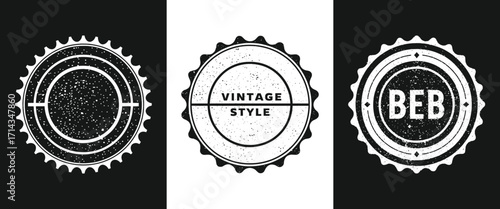 Vintage bottle cap emblem distressed round badge retro circle stamp logo template with grunge texture graphic for poster label and t shirt design