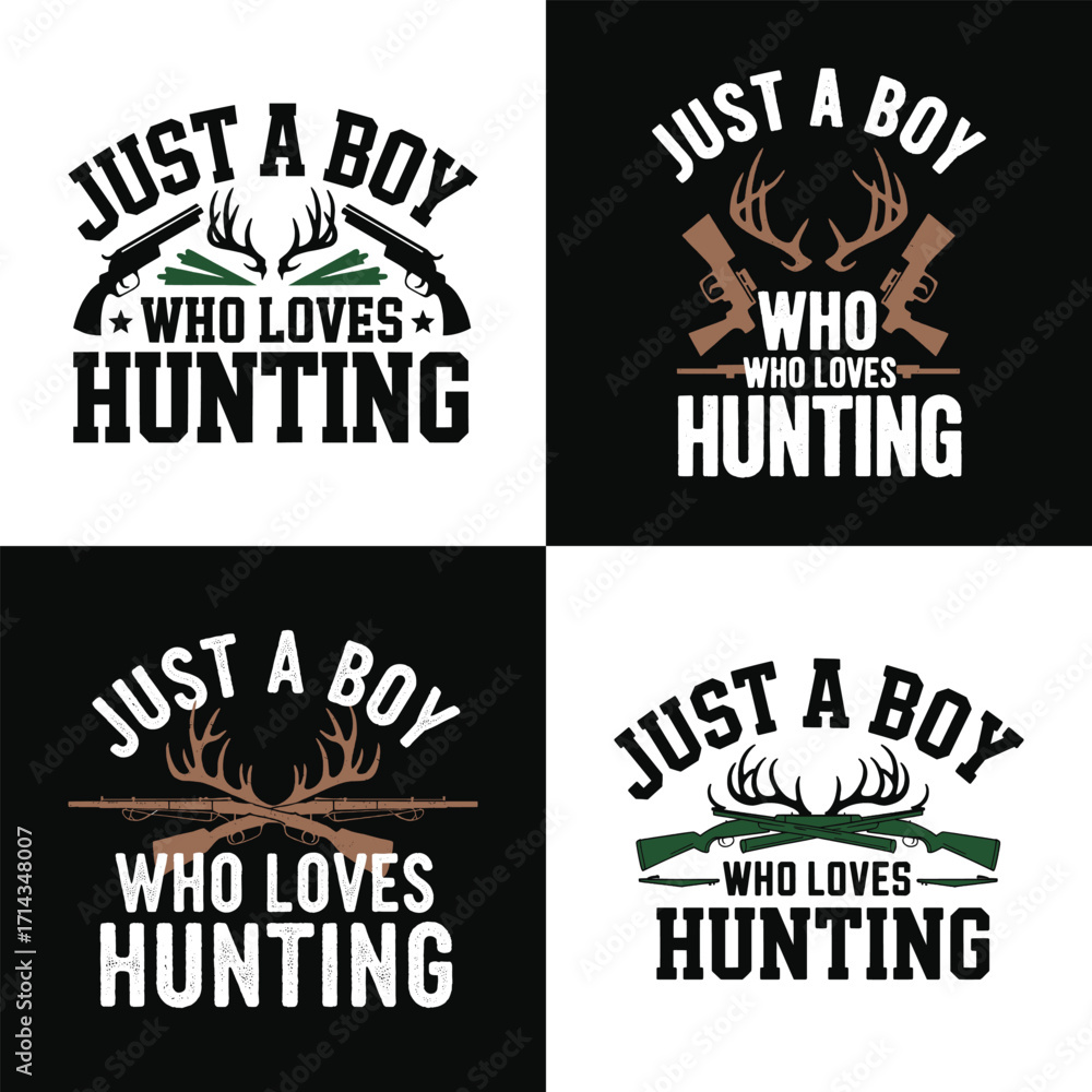 Fototapeta premium Just a boy who loves hunting vintage badge logo with rifles antlers and typography for outdoorsman apparel t shirt design