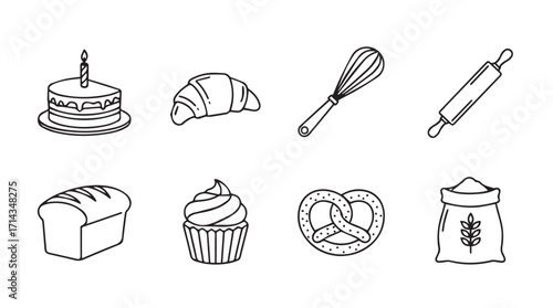 Collection of baking ingredients and tools in a simple line drawing silhouette
