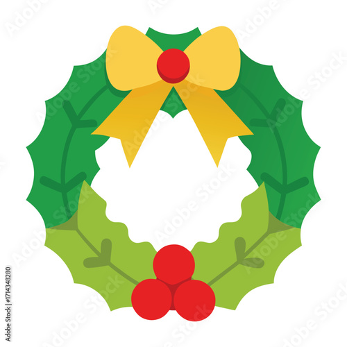 Christmas Wreath with Holly Leaves and Golden Bow