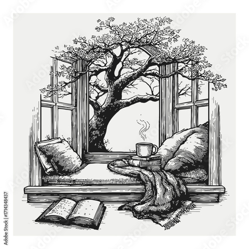 Hand-Drawn Engraving of Cozy Window Seat with Tree and Book