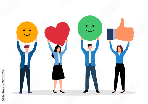Employee satisfaction attitude survey feedback business concept flat style vector illustration. Business people with various feedback emoticons. Working happiness wellbeing and satisfaction feedback