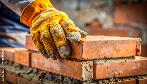 Bricklaying Proficiency: A construction worker expertly places a brick with precision and care, crafting a solid foundation for a future structure. Emphasizing manual labor and the building trades.