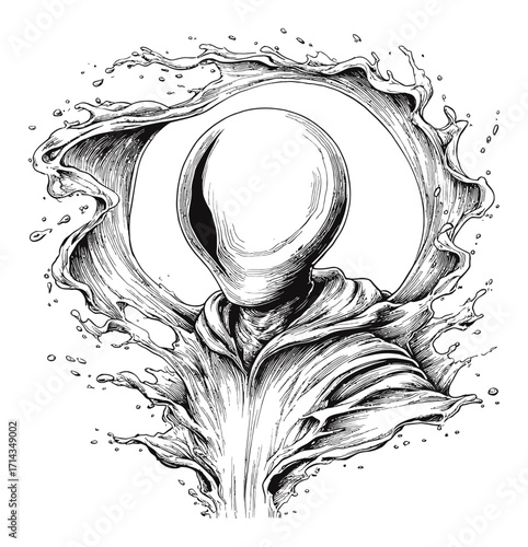 Hand-Drawn Engraving of Abstract Figure Emanating from Water Splash