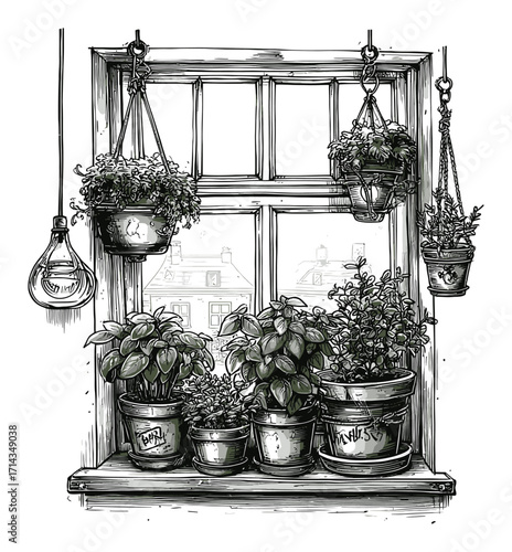 Detailed Hand-Drawn Engraving of Potted Plants on a Window Sill