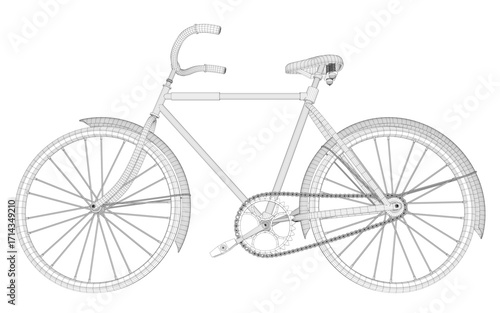A detailed 3D wireframe bicycle model on a white background features intricate handlebars, pedals, and a seat. The realistic rendering gives the bike a lifelike appearance.