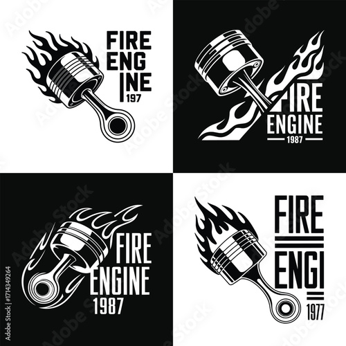 Flaming piston engine emblem set with fire speed automotive symbol for vintage motor club garage racing logo and t shirt design