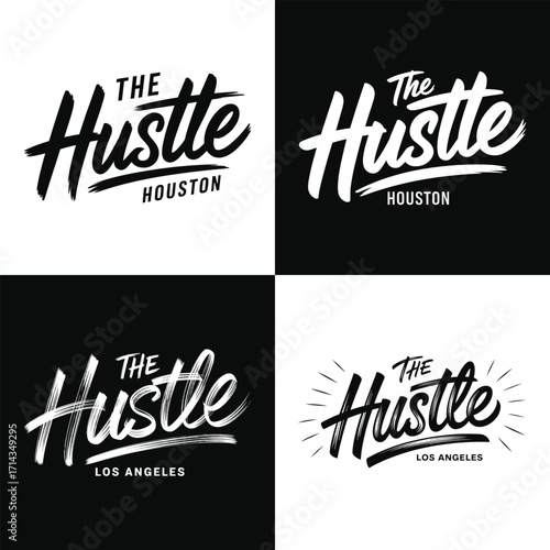 Urban streetwear typography the hustle script lettering logo design for city lifestyle apparel poster and t shirt design