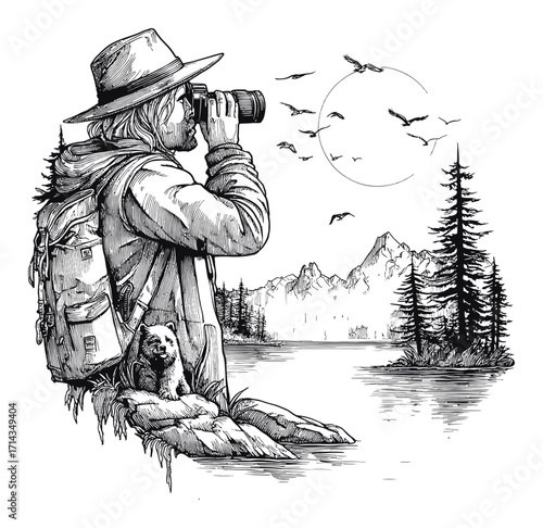 Hand-Drawn Engraving of a Nature Enthusiast with Camera and Scenic Background