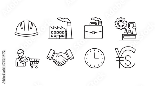 Industrial business and finance icons in a clean silhouette style