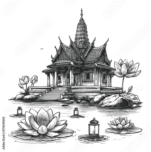 Hand-Drawn Engraving of Serene Temple with Lotus Flowers and Tranquil Scene