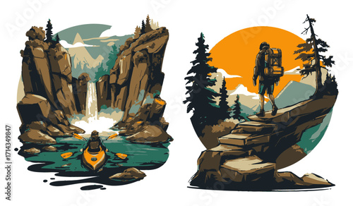 Serene Mountain Landscape with Adventurer at Sunset and Sunrise Views