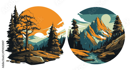 Scenic Hiking Illustration with Majestic Mountains and Vibrant Sunsets