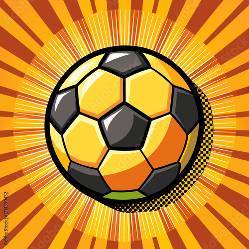 "Pop Art Soccer Ball with Halftone and Starburst Background"